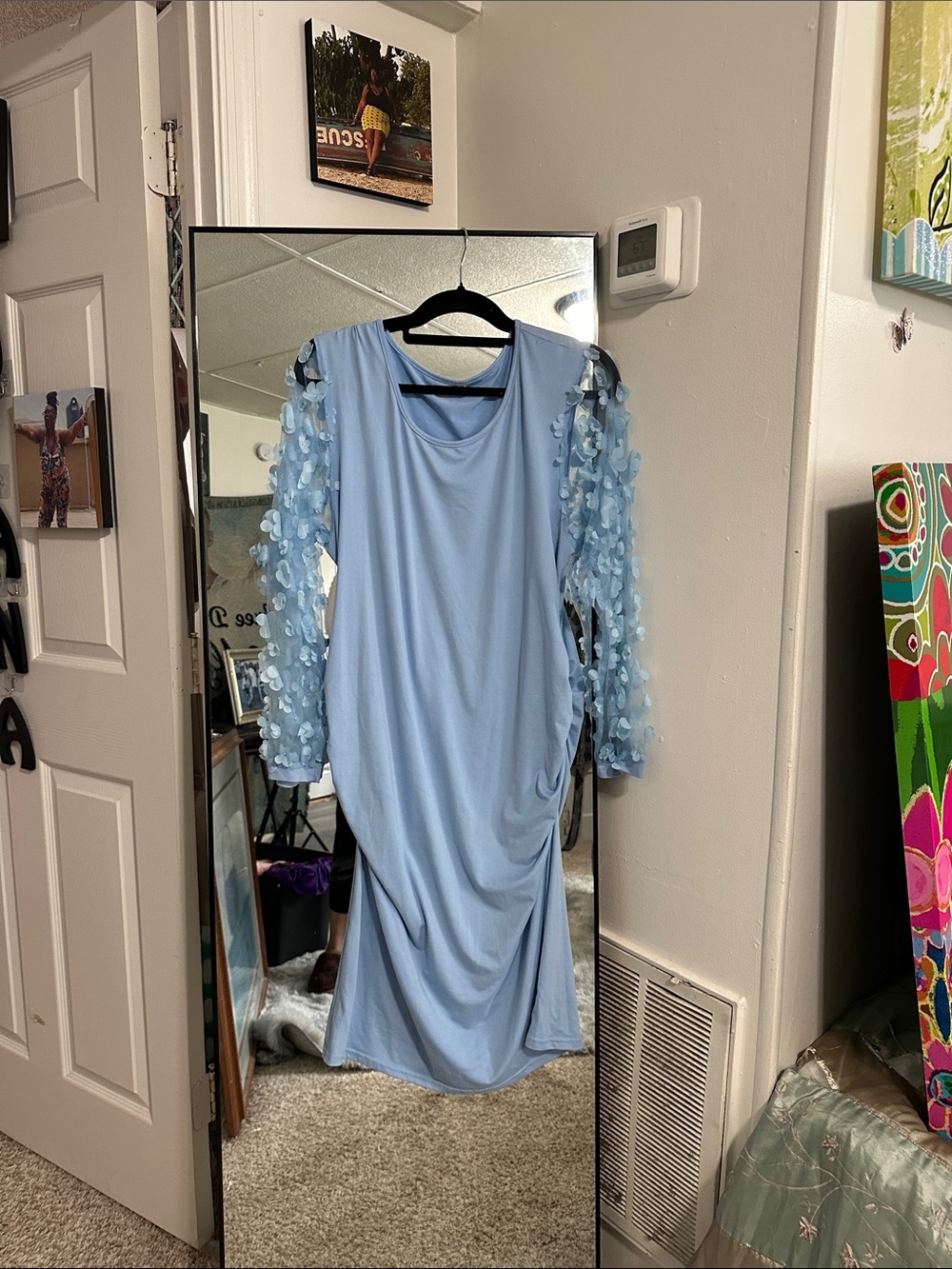 Light Blue Women's Dress with Sheer Petal Sleeves